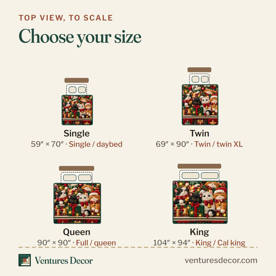 Size guide for the Christmas Cat in Brown and Burgundy Quilt Set, 3-Piece Quilted Bedding with 2 Pillow Shams quilt, top view to scale: Single 59 x 70 in, Twin 69 x 90 in, Queen 90 x 90 in, King 104 x 94 in