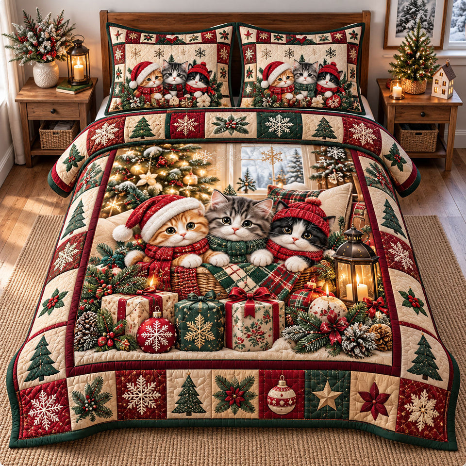 Christmas Cat in Brown and Charcoal quilted bedding set, quilt and two pillow shams on a made bed