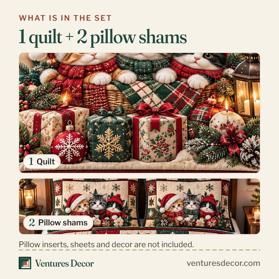 What is in the set: one quilt and two pillow shams, shown in the Christmas Cat in Brown and Charcoal Quilt Set, 3-Piece Quilted Bedding with 2 Pillow Shams design