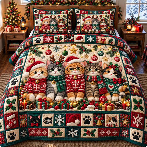 Christmas Cat in Brown and Tan quilted bedding set, quilt and two pillow shams on a made bed