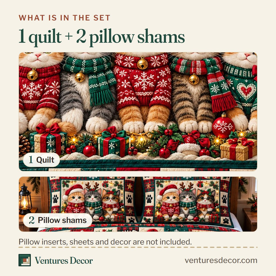 What is in the set: one quilt and two pillow shams, shown in the Christmas Cat in Brown and Tan Quilt Set, 3-Piece Quilted Bedding with 2 Pillow Shams design
