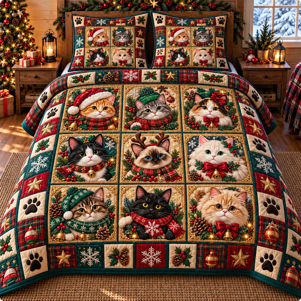 Christmas Cat in Brown quilted bedding set, quilt and two pillow shams on a made bed