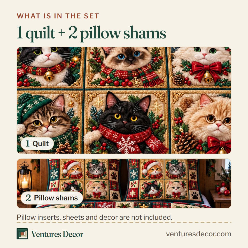 What is in the set: one quilt and two pillow shams, shown in the Christmas Cat in Brown Quilt Set, 3-Piece Quilted Bedding with 2 Pillow Shams design
