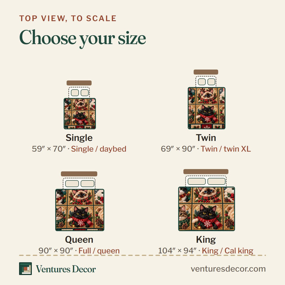 Size guide for the Christmas Cat in Brown Quilt Set, 3-Piece Quilted Bedding with 2 Pillow Shams quilt, top view to scale: Single 59 x 70 in, Twin 69 x 90 in, Queen 90 x 90 in, King 104 x 94 in