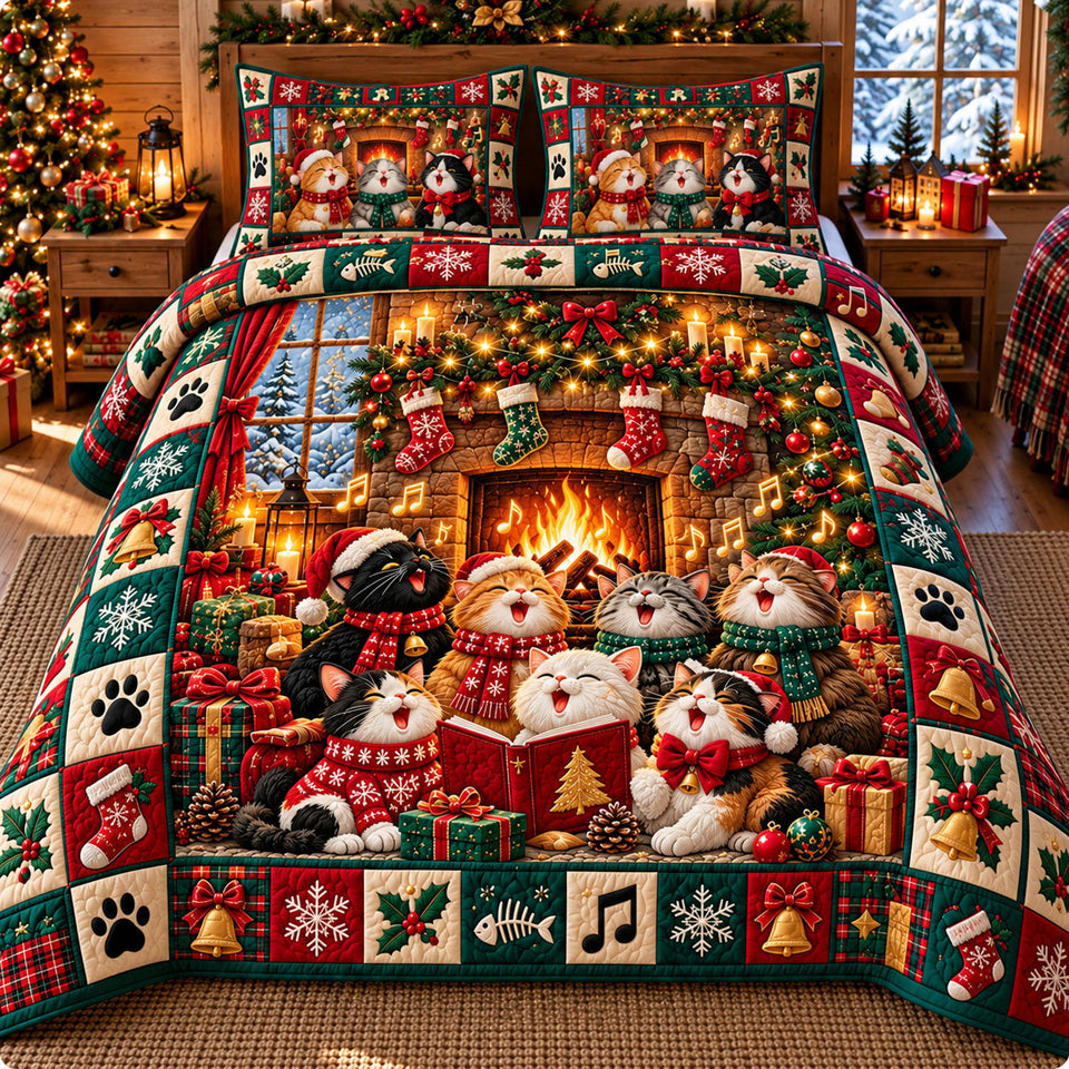 Christmas Cat in Burgundy quilted bedding set, quilt and two pillow shams on a made bed