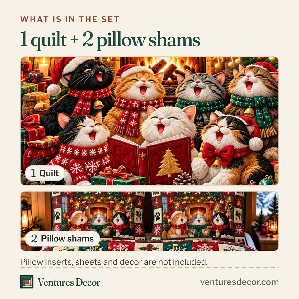 What is in the set: one quilt and two pillow shams, shown in the Christmas Cat in Burgundy Quilt Set, 3-Piece Quilted Bedding with 2 Pillow Shams design