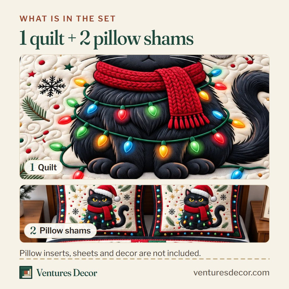What is in the set: one quilt and two pillow shams, shown in the Christmas Cat in Charcoal Quilt Set, 3-Piece Quilted Bedding with 2 Pillow Shams design