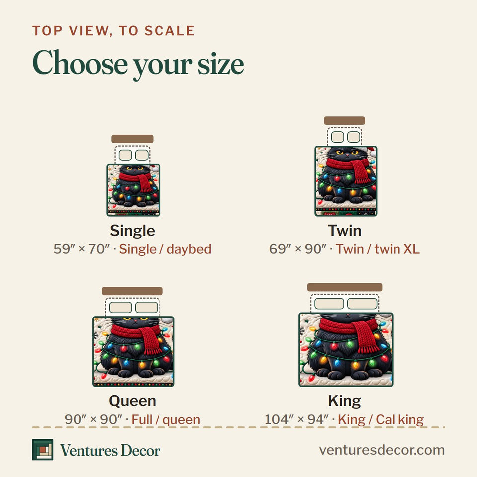 Size guide for the Christmas Cat in Charcoal Quilt Set, 3-Piece Quilted Bedding with 2 Pillow Shams quilt, top view to scale: Single 59 x 70 in, Twin 69 x 90 in, Queen 90 x 90 in, King 104 x 94 in
