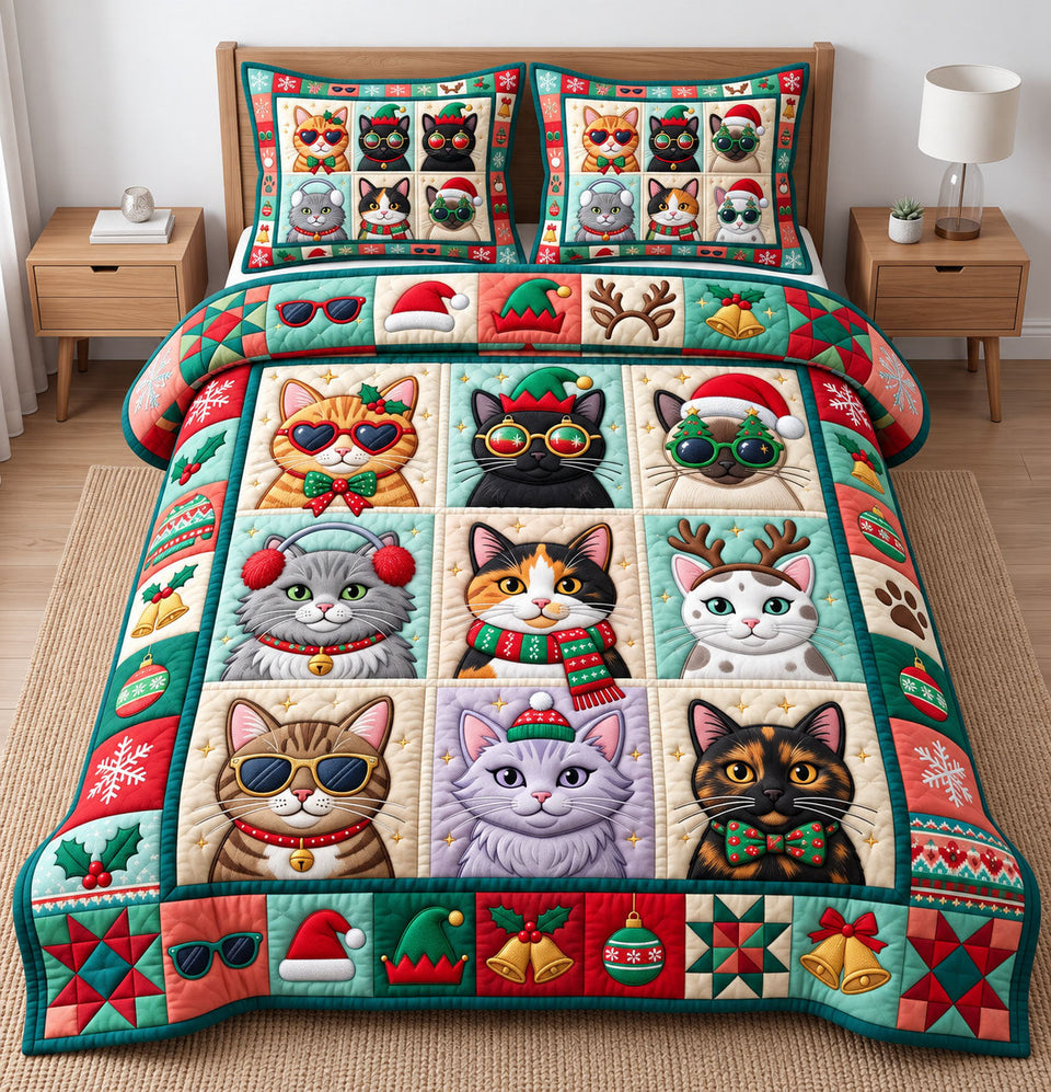 Christmas Cat in Cream quilted bedding set, quilt and two pillow shams on a made bed