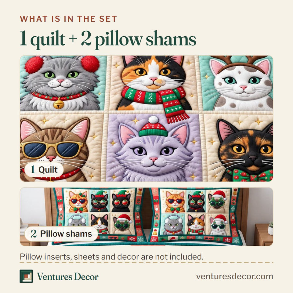 What is in the set: one quilt and two pillow shams, shown in the Christmas Cat in Cream Quilt Set, 3-Piece Quilted Bedding with 2 Pillow Shams design