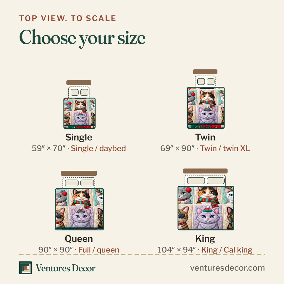 Size guide for the Christmas Cat in Cream Quilt Set, 3-Piece Quilted Bedding with 2 Pillow Shams quilt, top view to scale: Single 59 x 70 in, Twin 69 x 90 in, Queen 90 x 90 in, King 104 x 94 in