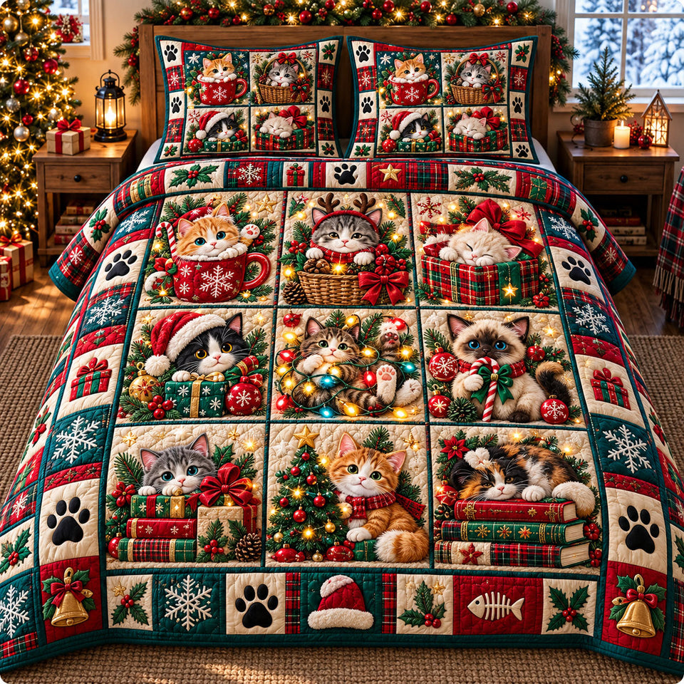 Christmas Cat in Tan quilted bedding set, quilt and two pillow shams on a made bed