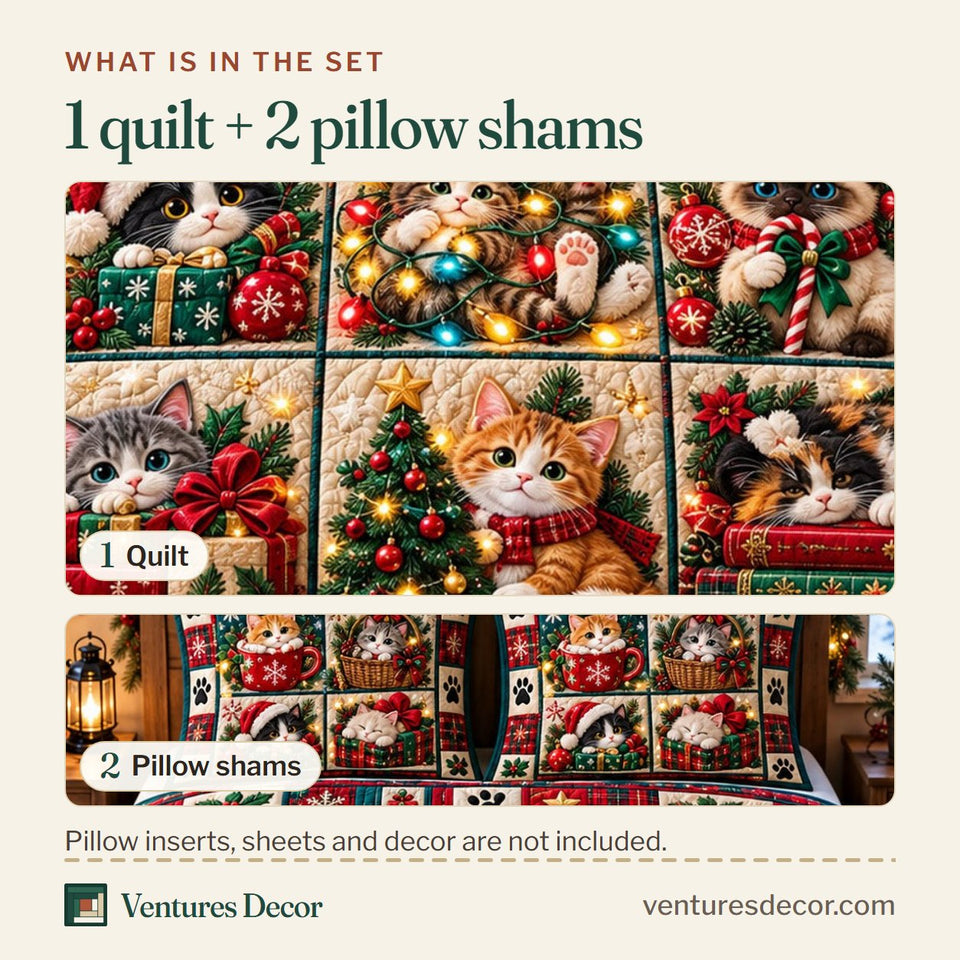 What is in the set: one quilt and two pillow shams, shown in the Christmas Cat in Tan Quilt Set, 3-Piece Quilted Bedding with 2 Pillow Shams design