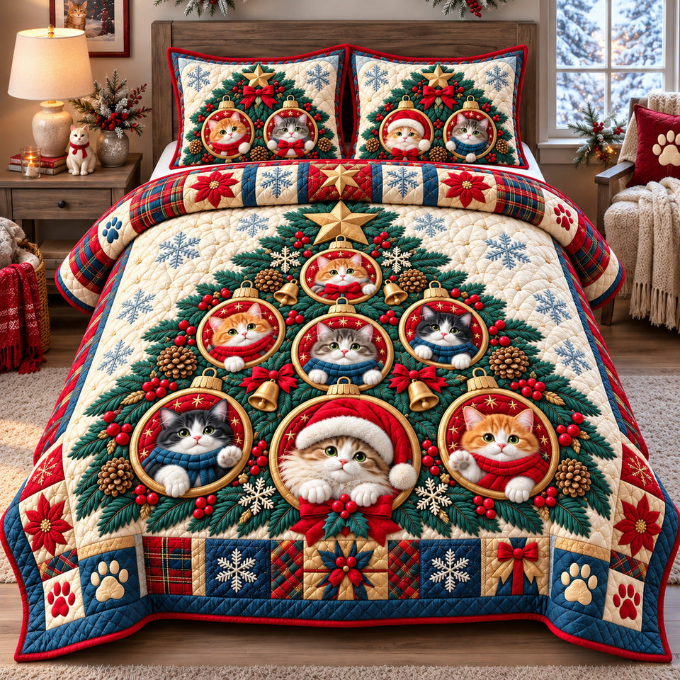 Christmas Cat Ornament Tree quilted bedding set, quilt and two pillow shams on a made bed