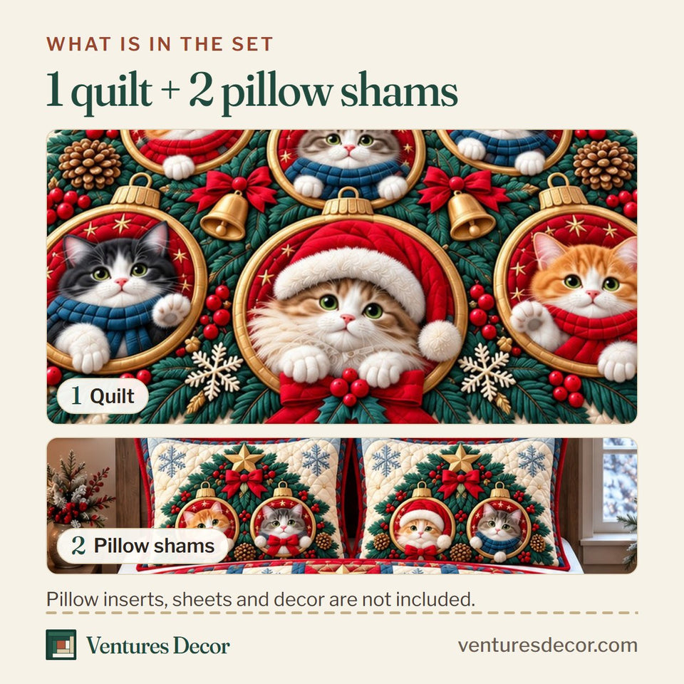What is in the set: one quilt and two pillow shams, shown in the Christmas Cat Ornament Tree Quilt Set, 3-Piece Quilted Bedding with 2 Pillow Shams design