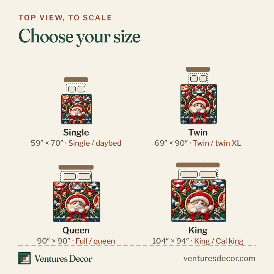 Size guide for the Christmas Cat Ornament Tree Quilt Set, 3-Piece Quilted Bedding with 2 Pillow Shams quilt, top view to scale: Single 59 x 70 in, Twin 69 x 90 in, Queen 90 x 90 in, King 104 x 94 in