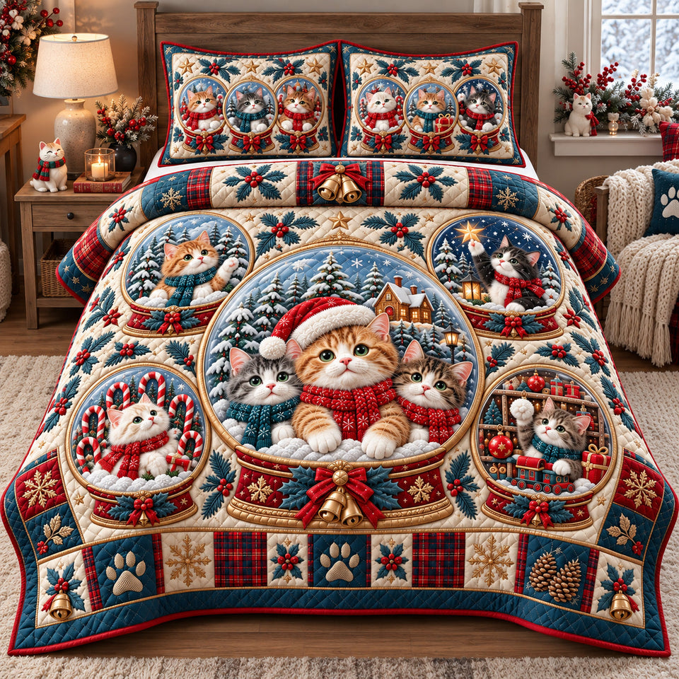 Christmas Cat Snow Globes quilted bedding set, quilt and two pillow shams on a made bed