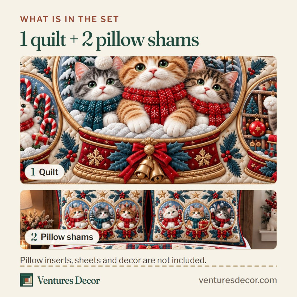 What is in the set: one quilt and two pillow shams, shown in the Christmas Cat Snow Globes Quilt Set, 3-Piece Quilted Bedding with 2 Pillow Shams design