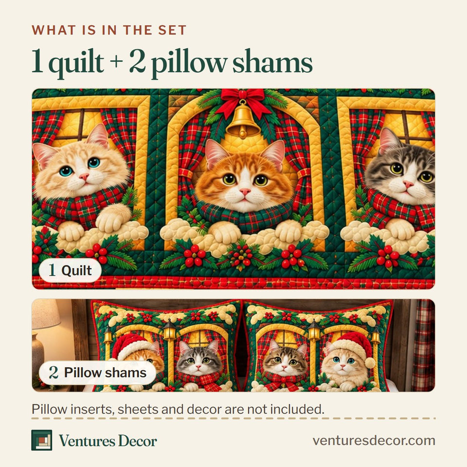 What is in the set: one quilt and two pillow shams, shown in the Christmas Cats At The Window Quilt Set, 3-Piece Quilted Bedding with 2 Pillow Shams design