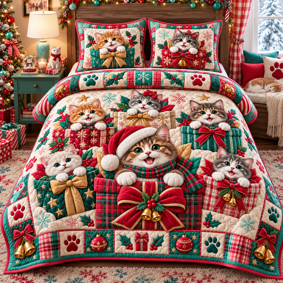 Christmas Cats In Gift Boxes quilted bedding set, quilt and two pillow shams on a made bed