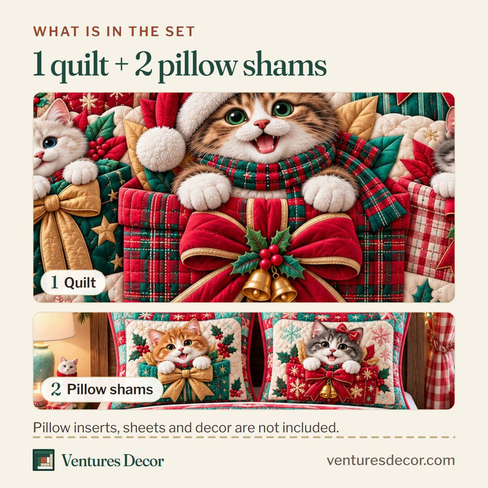 What is in the set: one quilt and two pillow shams, shown in the Christmas Cats In Gift Boxes Quilt Set, 3-Piece Quilted Bedding with 2 Pillow Shams design