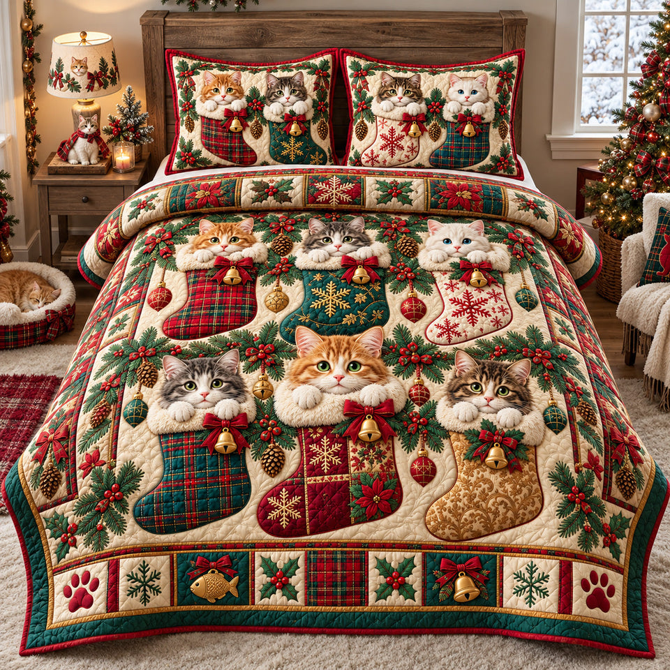 Christmas Cats In Stockings quilted bedding set, quilt and two pillow shams on a made bed