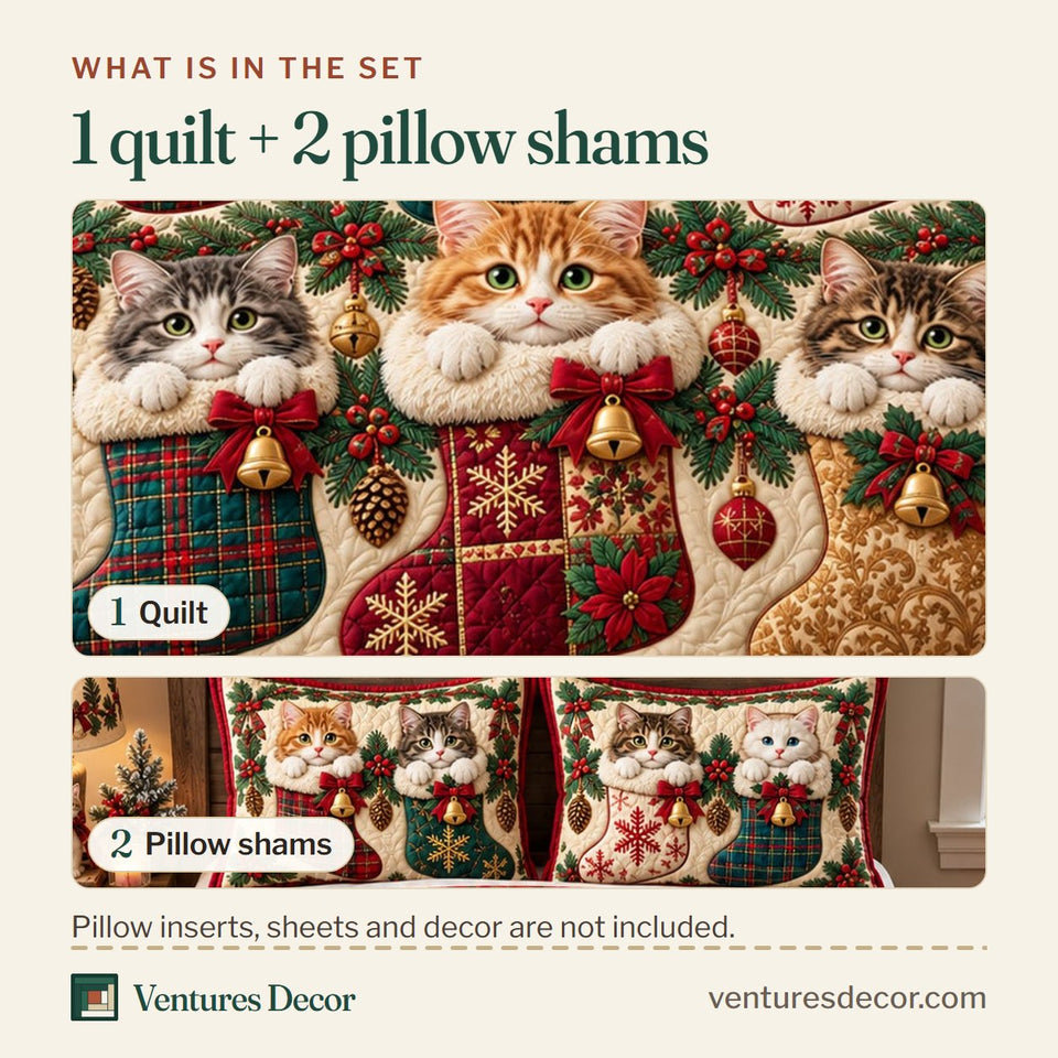 What is in the set: one quilt and two pillow shams, shown in the Christmas Cats In Stockings Quilt Set, 3-Piece Quilted Bedding with 2 Pillow Shams design
