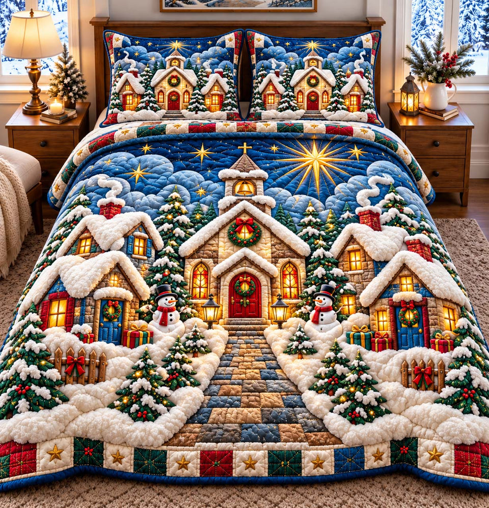 Christmas Chapel Village quilted bedding set, quilt and two pillow shams on a made bed