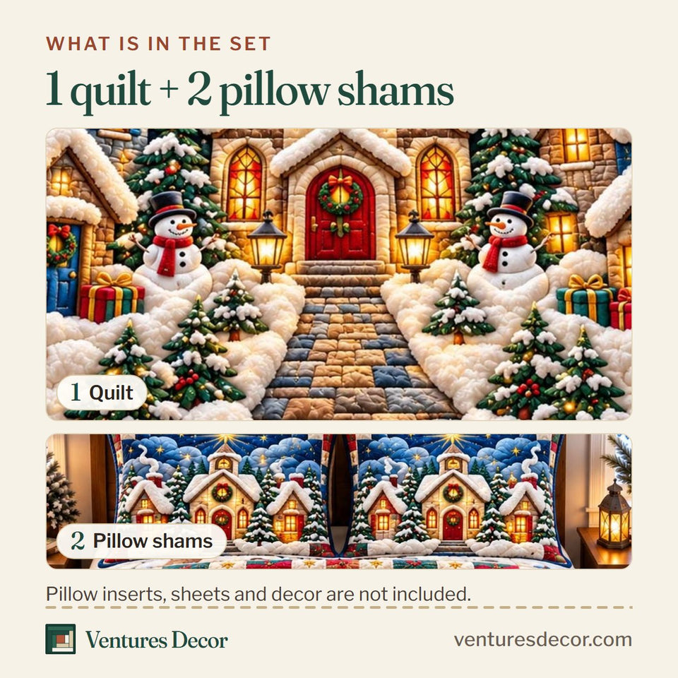 What is in the set: one quilt and two pillow shams, shown in the Christmas Chapel Village Quilt Set, 3-Piece Quilted Bedding with 2 Pillow Shams design