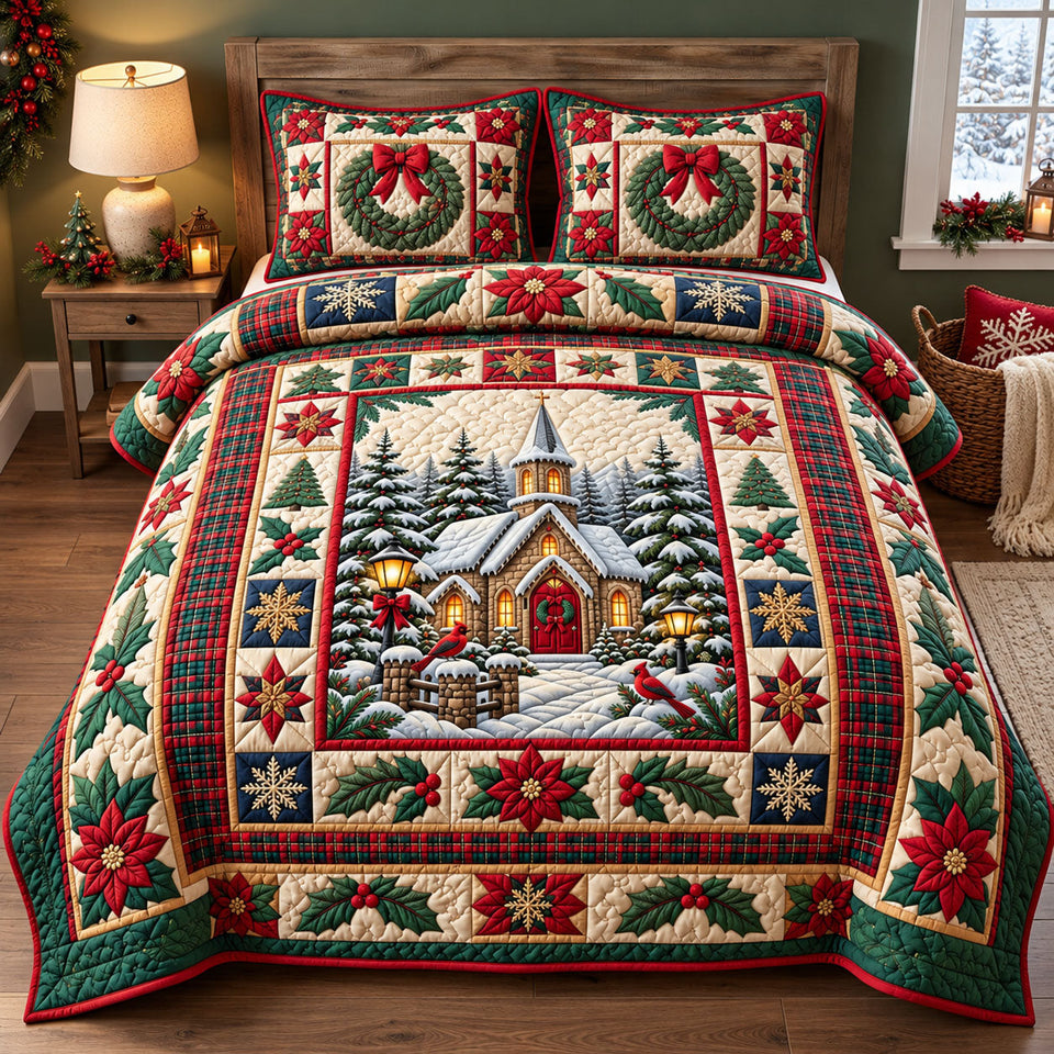 Christmas Church Night quilted bedding set, quilt and two pillow shams on a made bed
