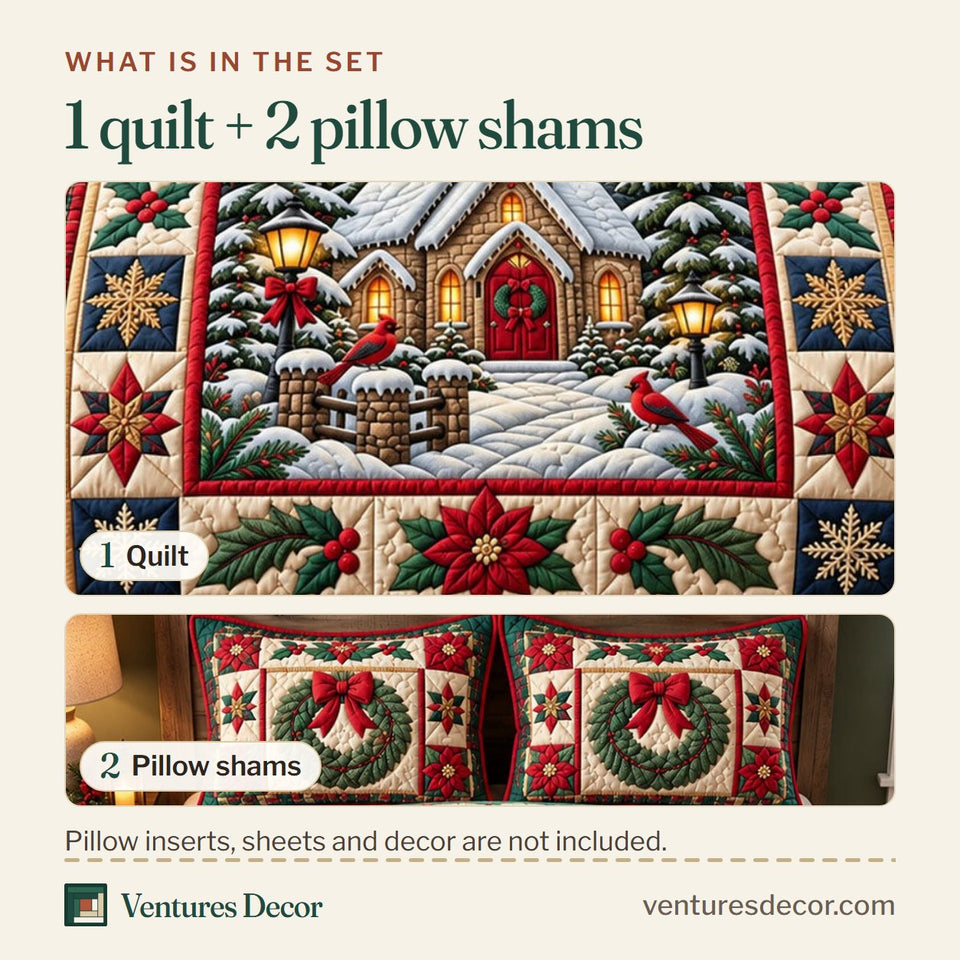What is in the set: one quilt and two pillow shams, shown in the Christmas Church Night design