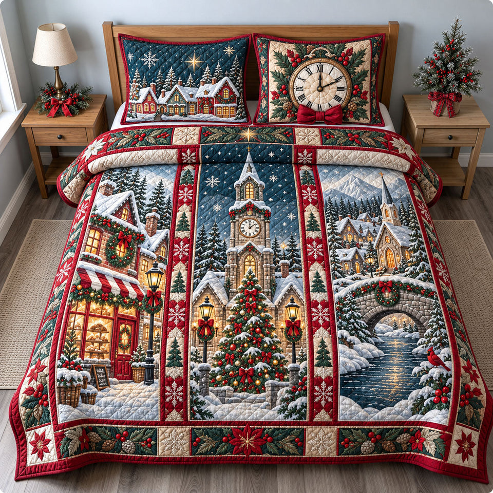 Christmas Clock Tower quilted bedding set, quilt and two pillow shams on a made bed