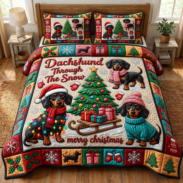 Christmas Dachshund in Brown quilted bedding set, quilt and two pillow shams on a made bed