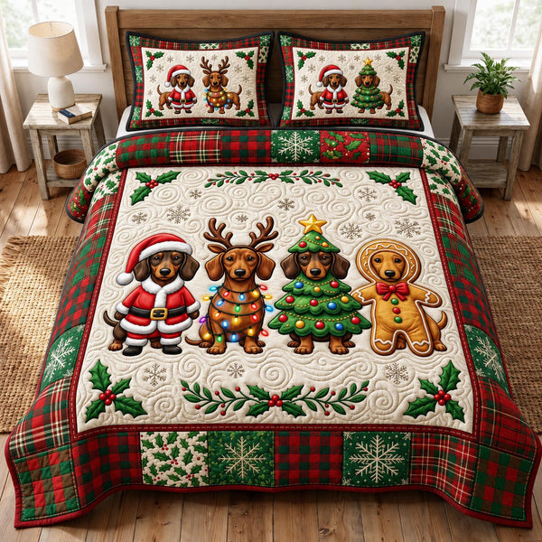 Christmas Dachshund in Cream quilted bedding set, quilt and two pillow shams on a made bed