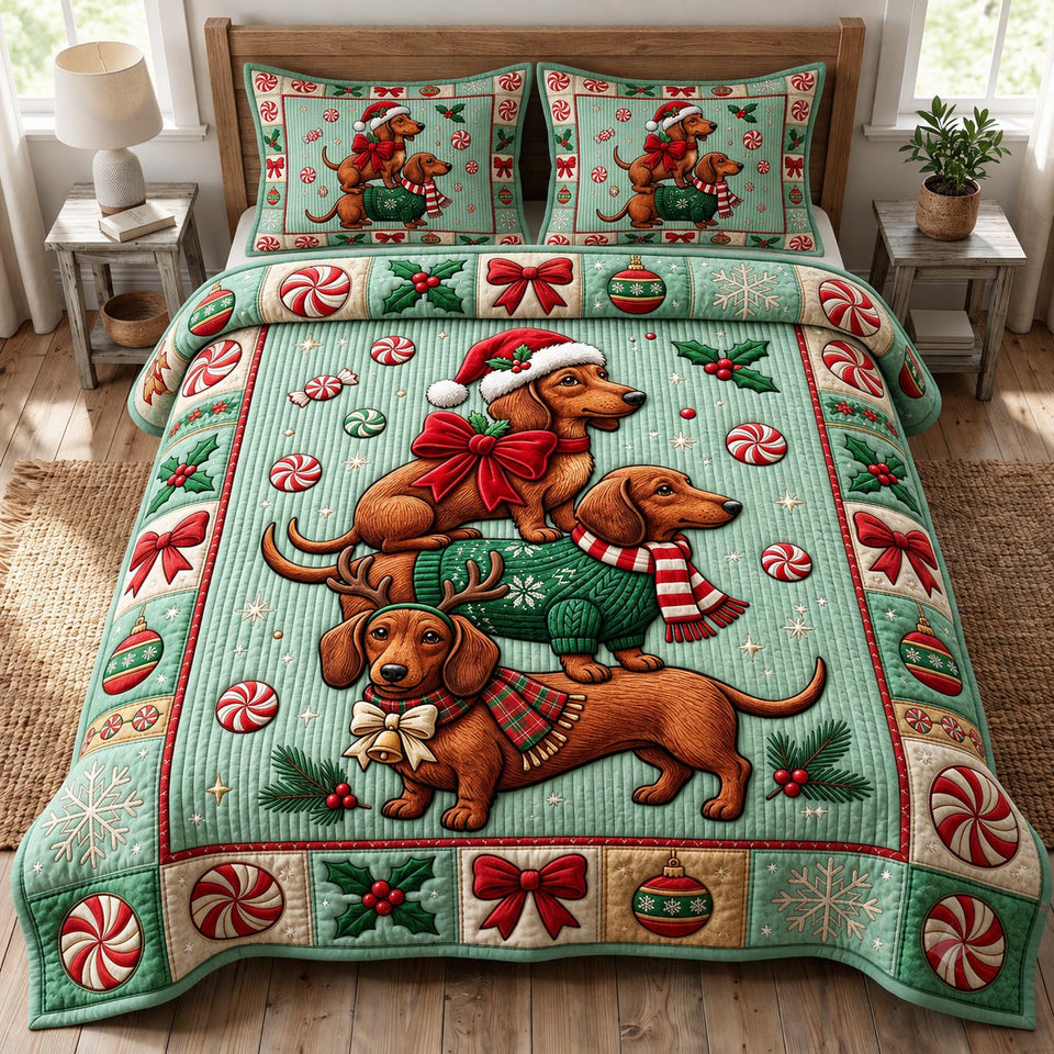 Christmas Dachshund Merry Christmas quilted bedding set, quilt and two pillow shams on a made bed