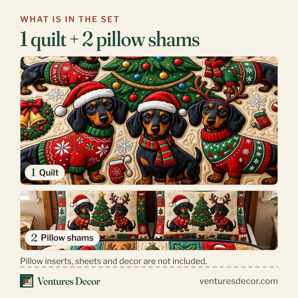 What is in the set: one quilt and two pillow shams, shown in the Christmas Dachshund design