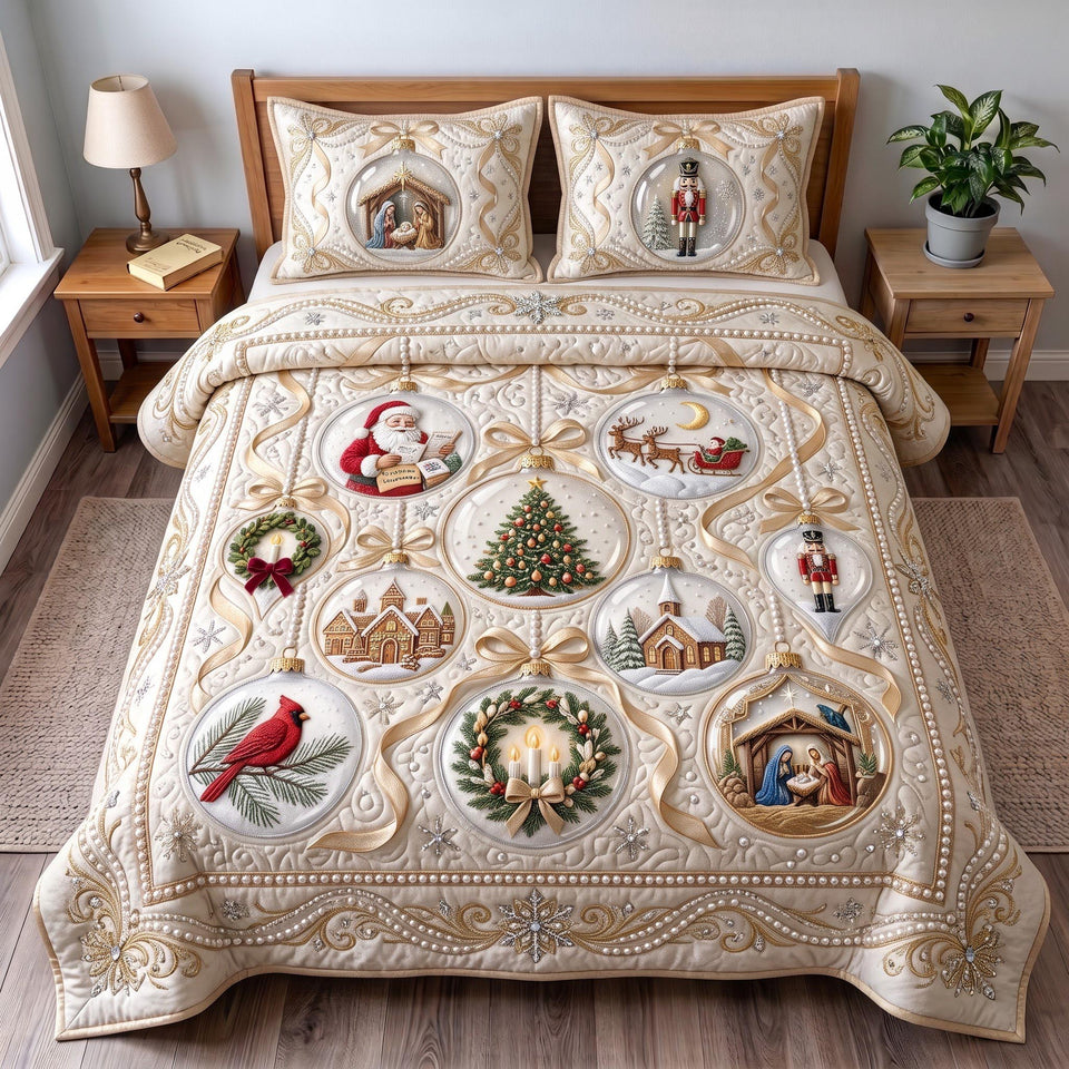 Christmas Elegance quilted bedding set, quilt and two pillow shams on a made bed