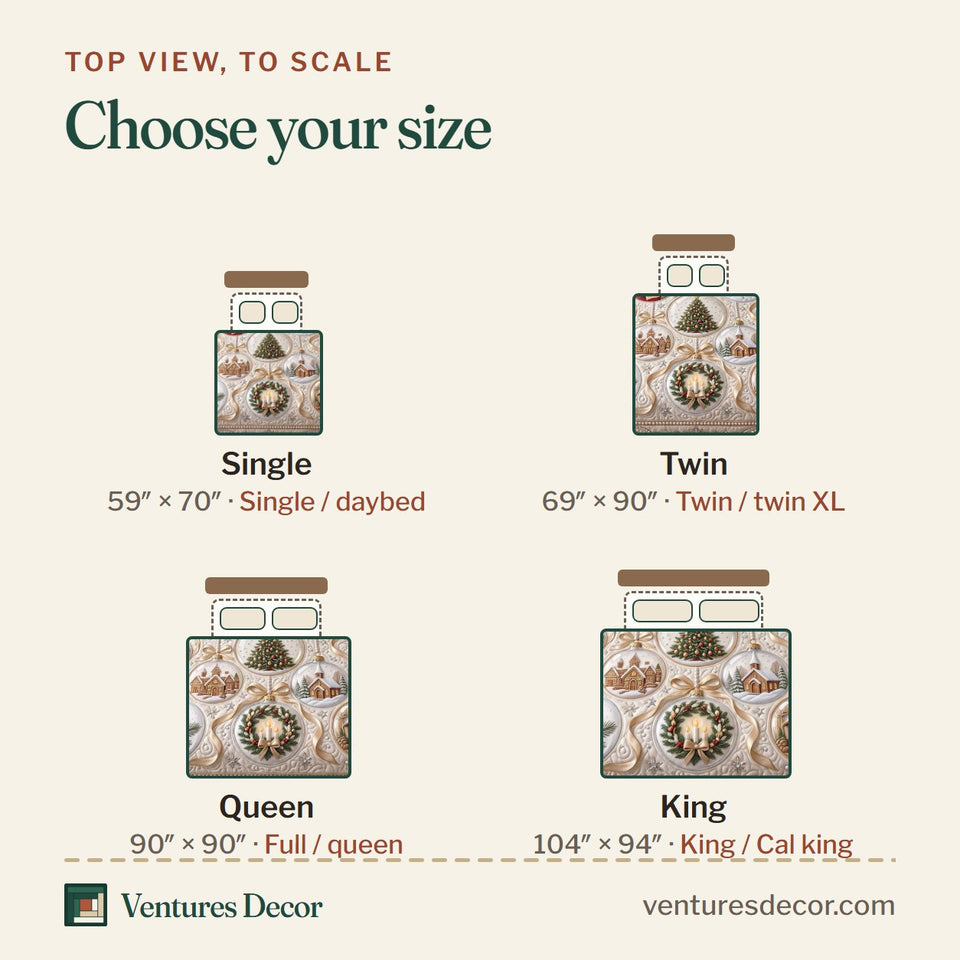 Size guide for the Christmas Elegance quilt, top view to scale: Single 59 x 70 in, Twin 69 x 90 in, Queen 90 x 90 in, King 104 x 94 in