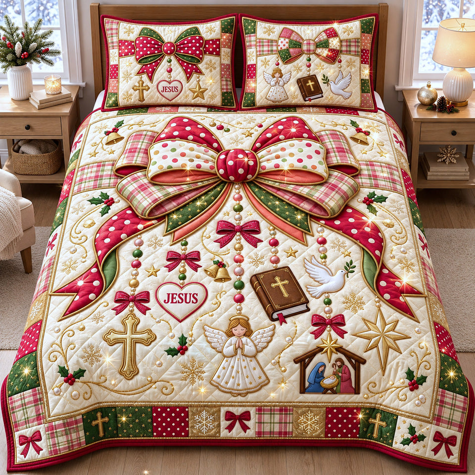 Christmas Faith Bow quilted bedding set, quilt and two pillow shams on a made bed