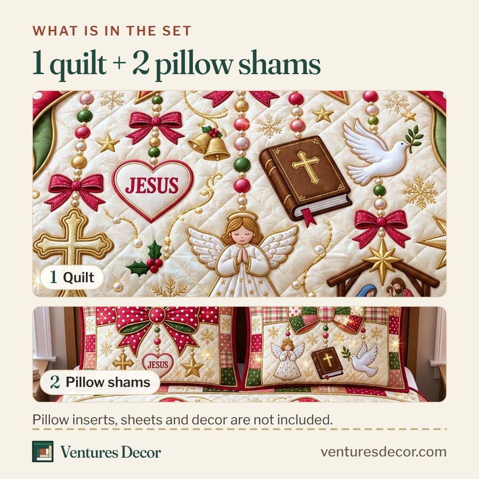 What is in the set: one quilt and two pillow shams, shown in the Christmas Faith Bow Quilt Set, 3-Piece Quilted Bedding with 2 Pillow Shams design