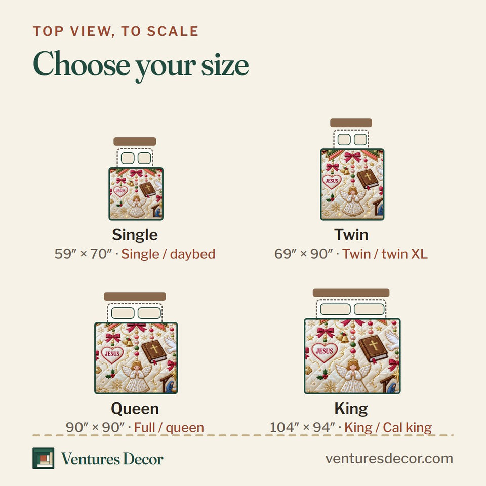 Size guide for the Christmas Faith Bow Quilt Set, 3-Piece Quilted Bedding with 2 Pillow Shams quilt, top view to scale: Single 59 x 70 in, Twin 69 x 90 in, Queen 90 x 90 in, King 104 x 94 in