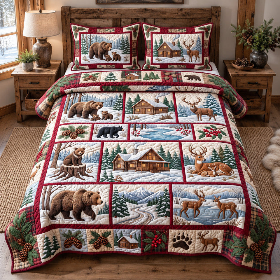 Christmas Forest Patchwork quilted bedding set, quilt and two pillow shams on a made bed