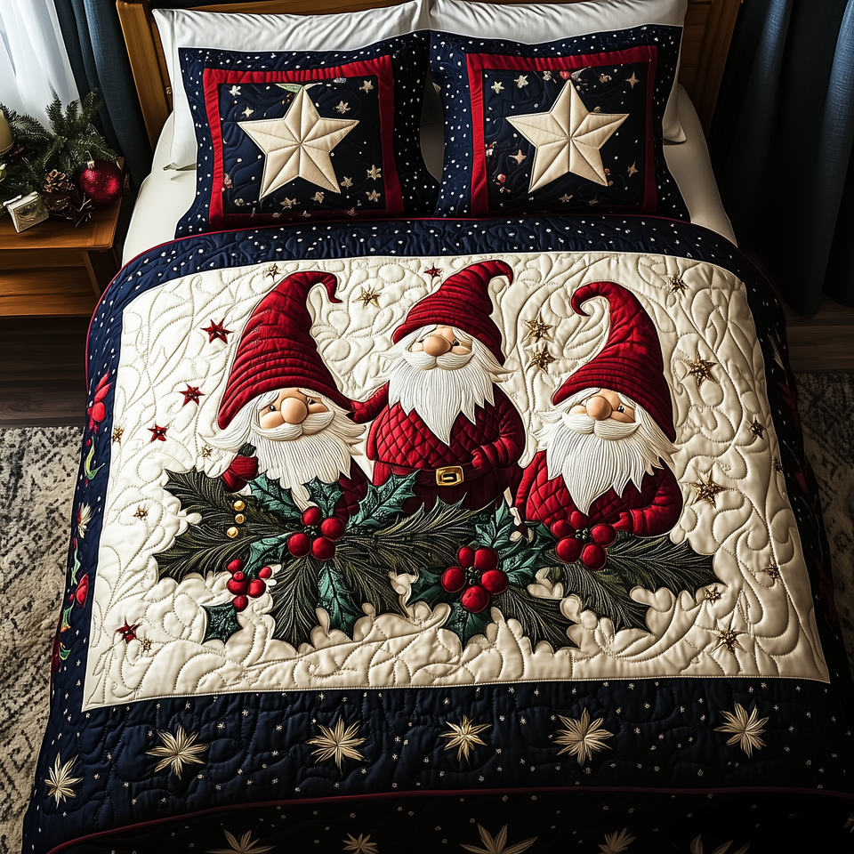 Christmas Gnome Holly Berry Bunch quilted bedding set, quilt and two pillow shams on a made bed