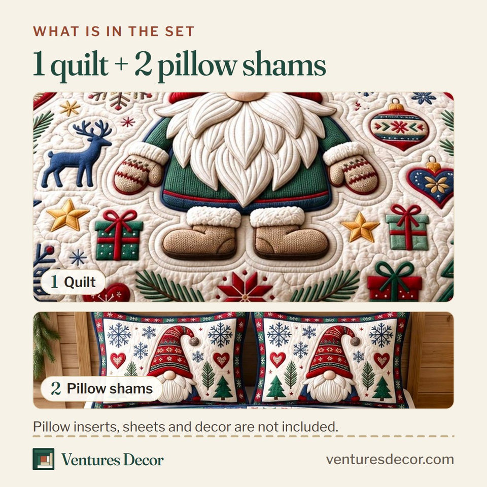 What is in the set: one quilt and two pillow shams, shown in the Christmas Gnome in Gray design