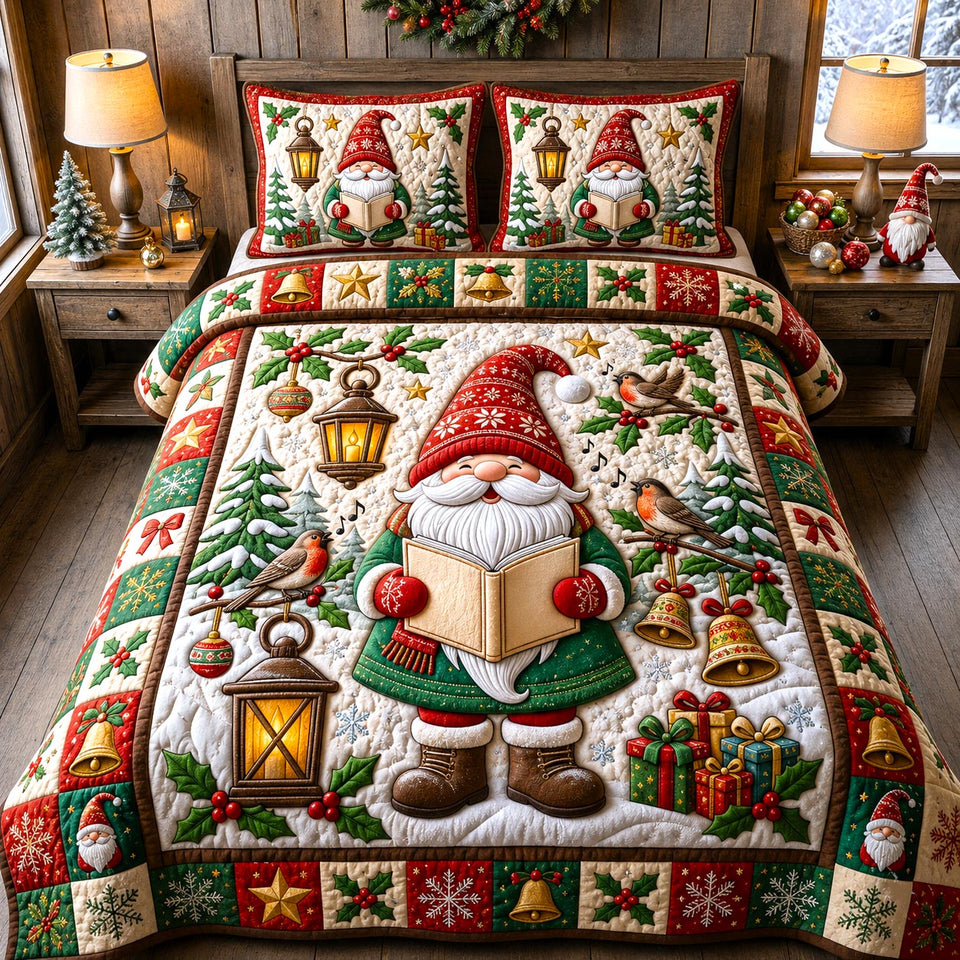 Christmas Gnome in Cream quilted bedding set, quilt and two pillow shams on a made bed