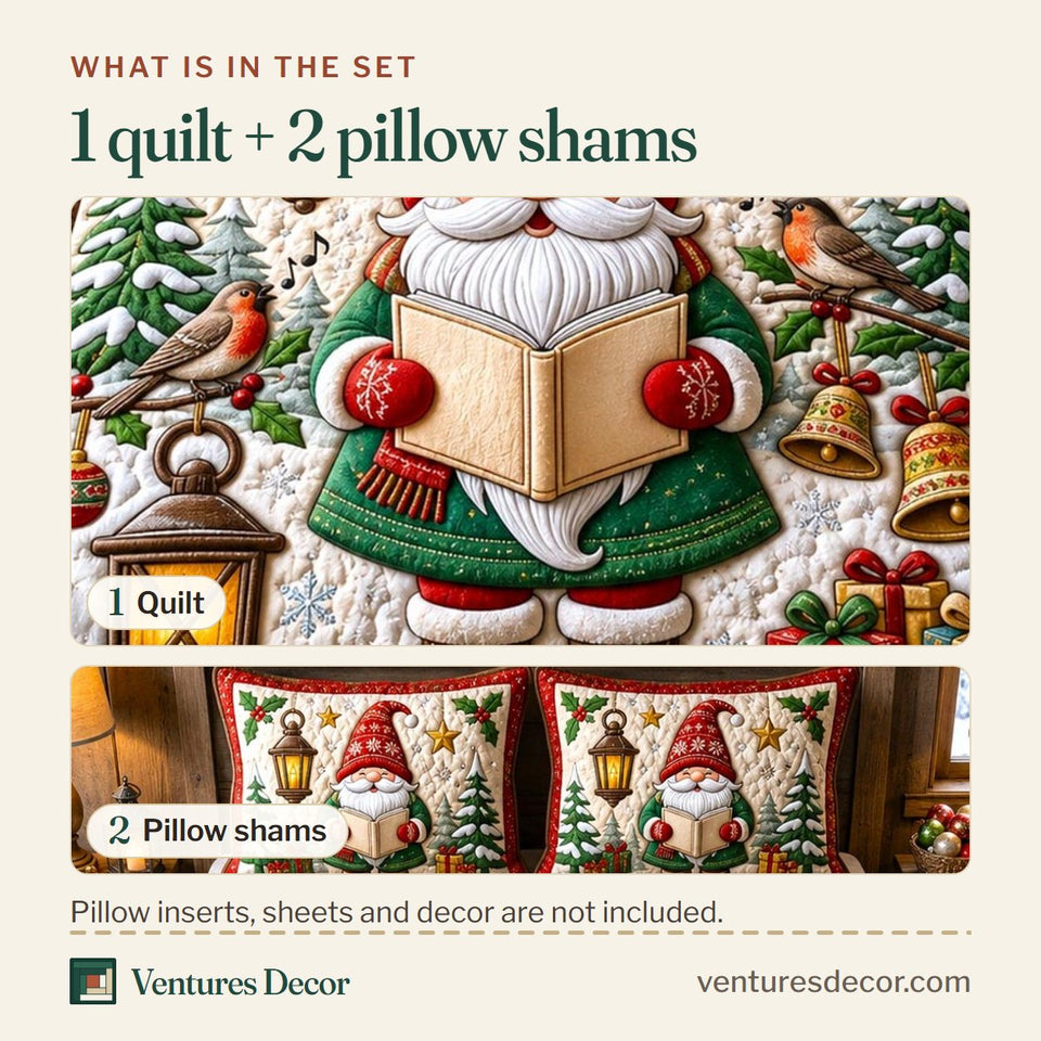 What is in the set: one quilt and two pillow shams, shown in the Christmas Gnome in Cream design