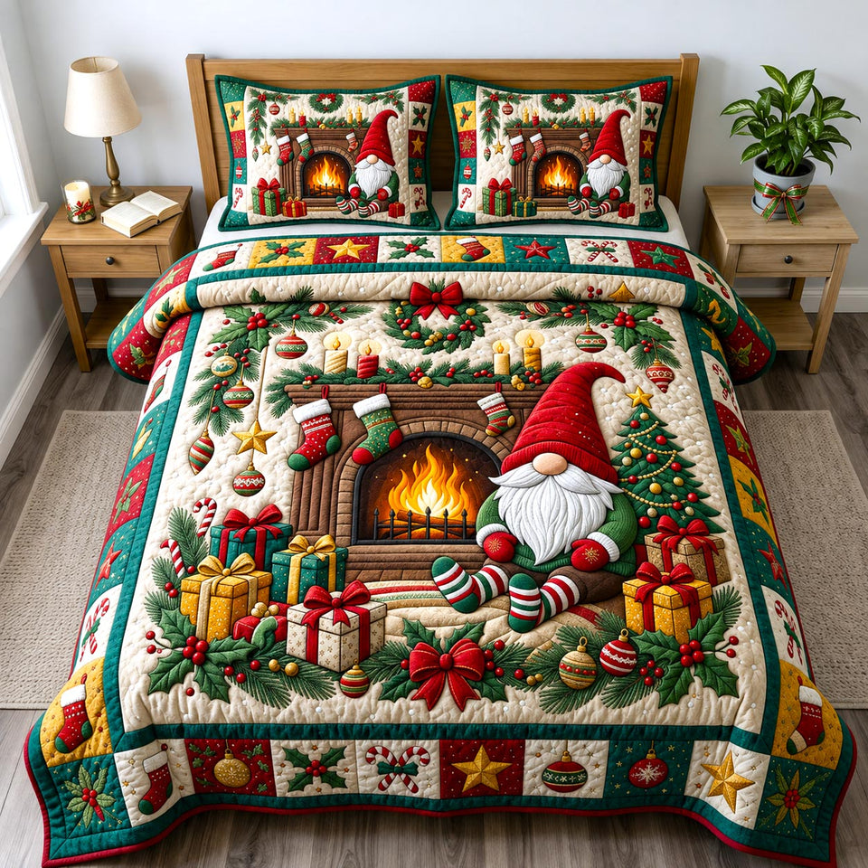 Christmas Gnome in Forest Green quilted bedding set, quilt and two pillow shams on a made bed
