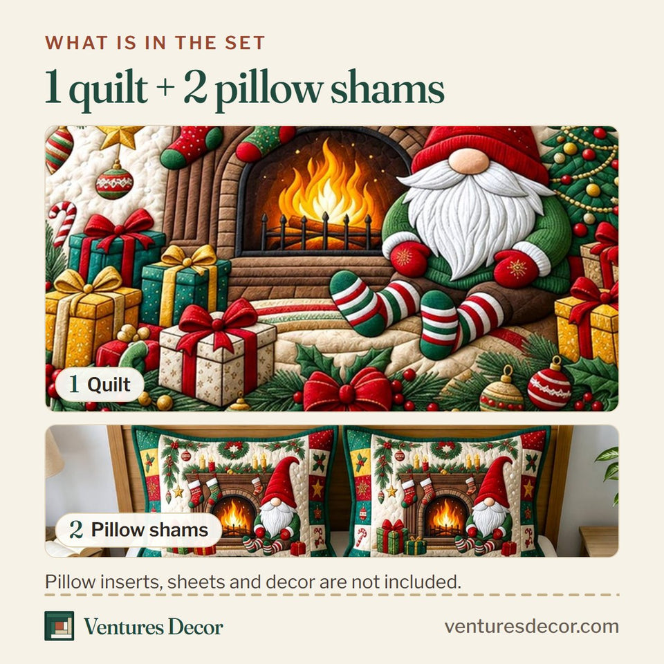 What is in the set: one quilt and two pillow shams, shown in the Christmas Gnome in Forest Green design