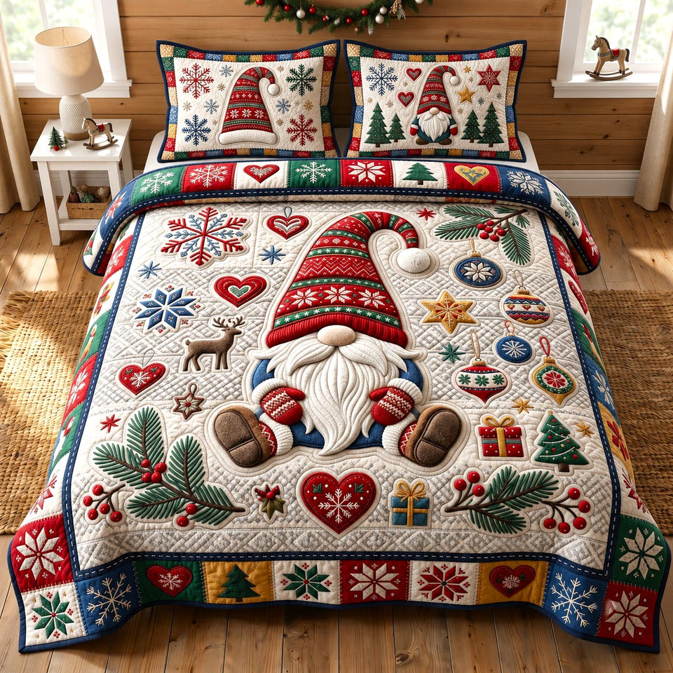 Christmas Gnome in Blush quilted bedding set, quilt and two pillow shams on a made bed