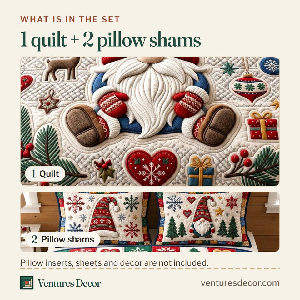 What is in the set: one quilt and two pillow shams, shown in the Christmas Gnome in Blush design